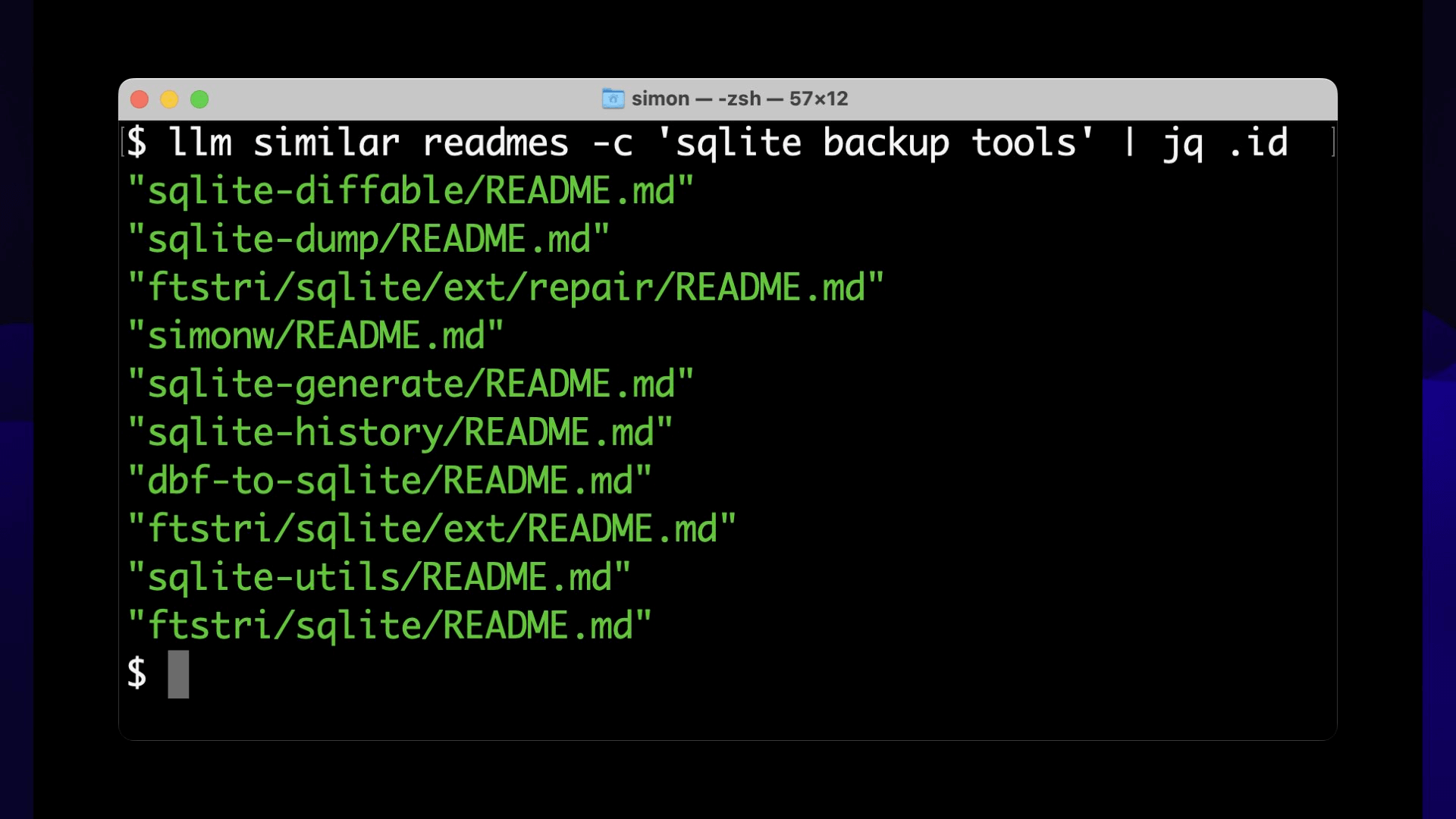 llm similar readmes -c 'sqlite backup tools' | jq .id